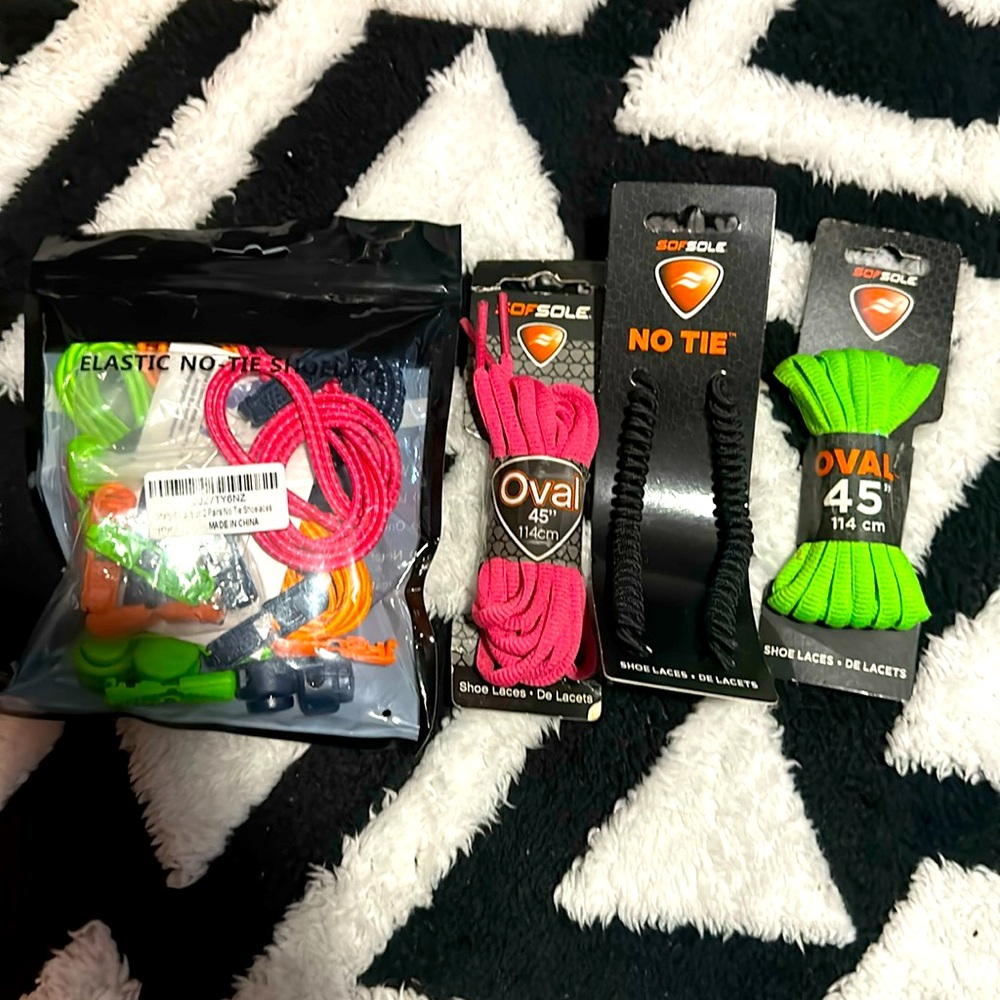 SOFSOLE 45" laces (1 green, 1 pink), black no tie laces and pack of multi laces